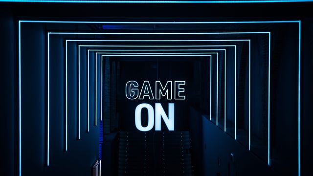 IP gaming guide, image of blue neon game on sign